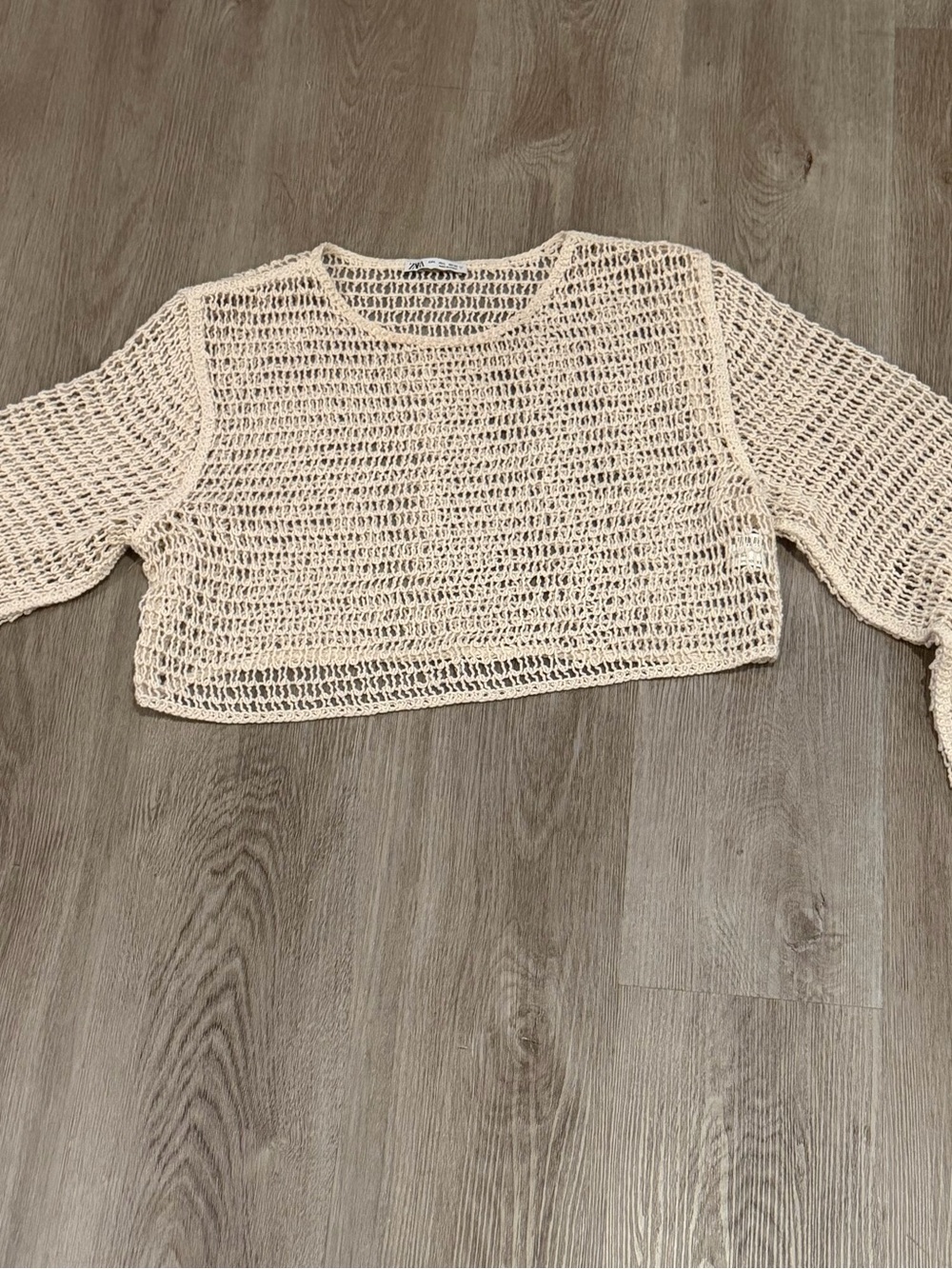 Zara Crochet Open-Knit Crop Long Sleeve Sweater in Cream, LRG